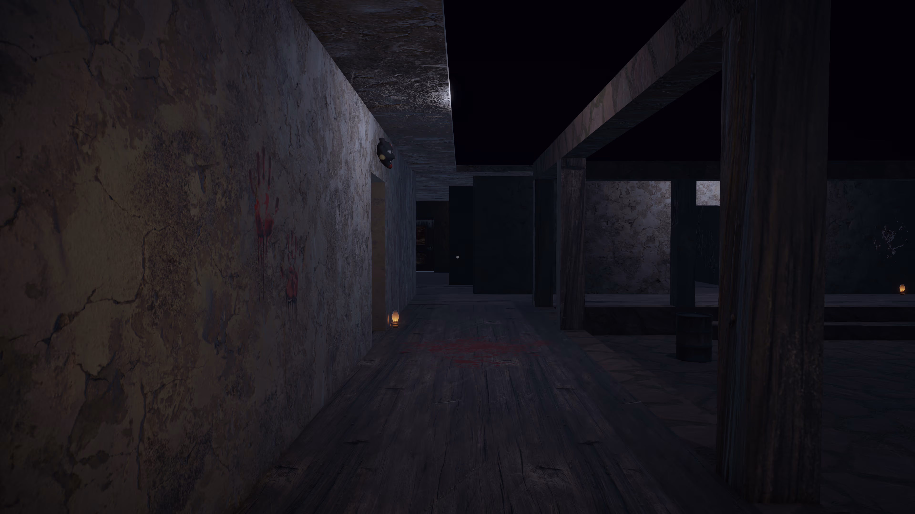 A dark corridor, lit only by a lalten